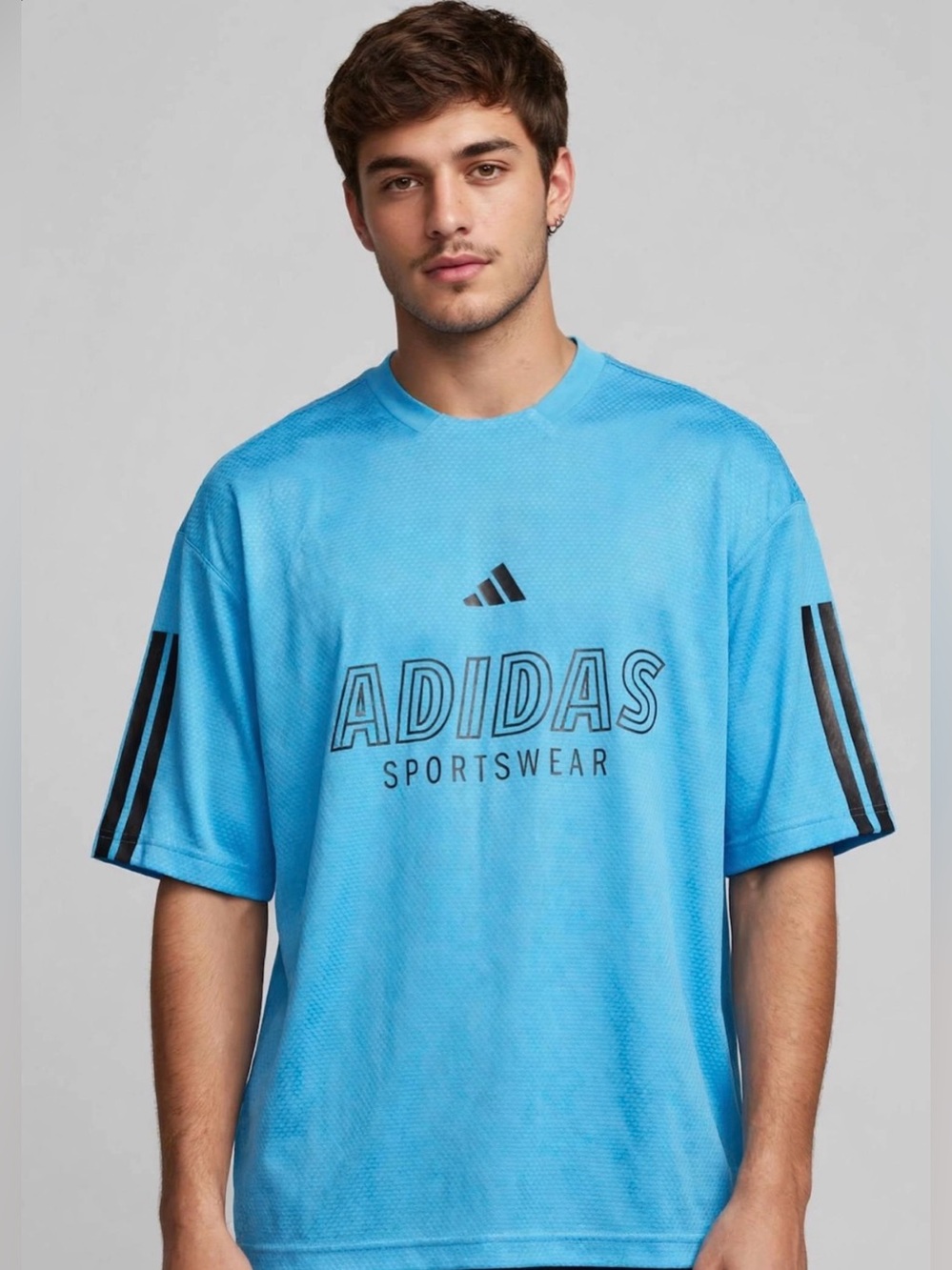 ADIDAS 70% recycled Bright Cyan Tiro T-shirt, Logo Tee with Black Stripes